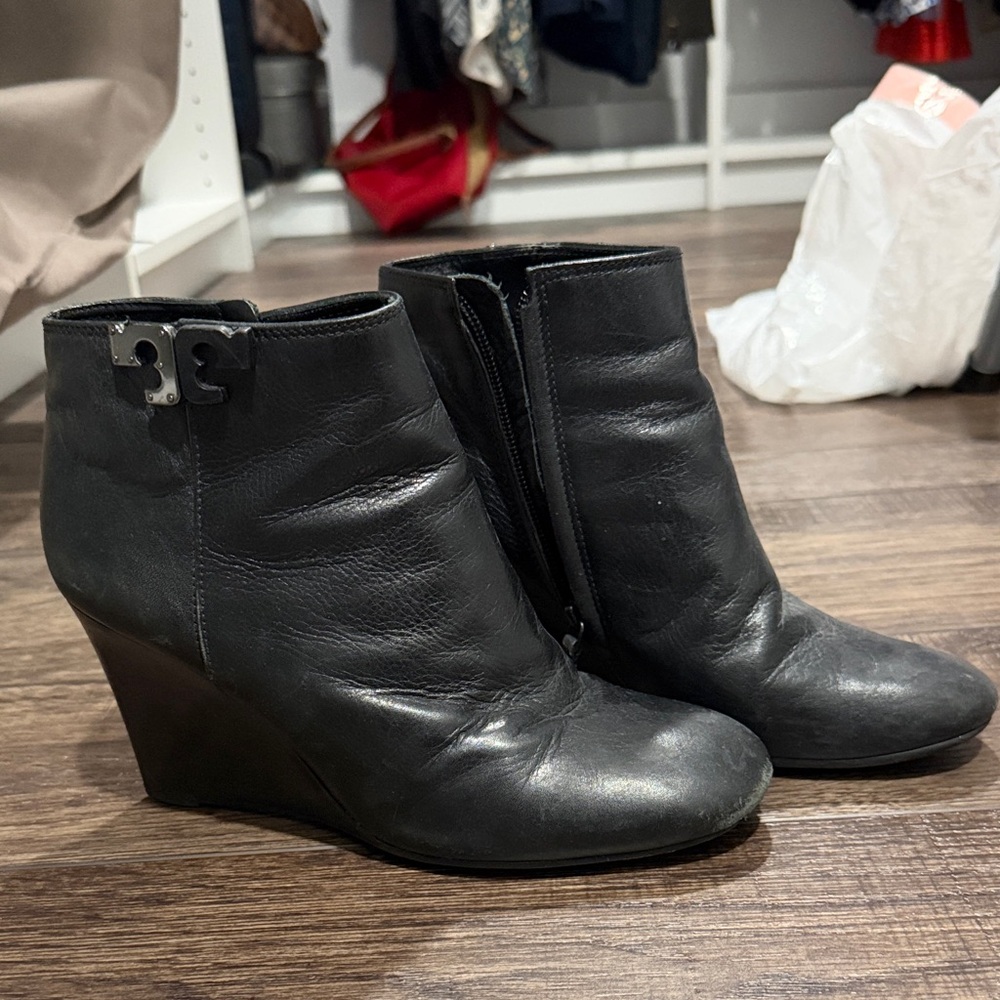 Tory Burch Black Leather Wedge Ankle Boots